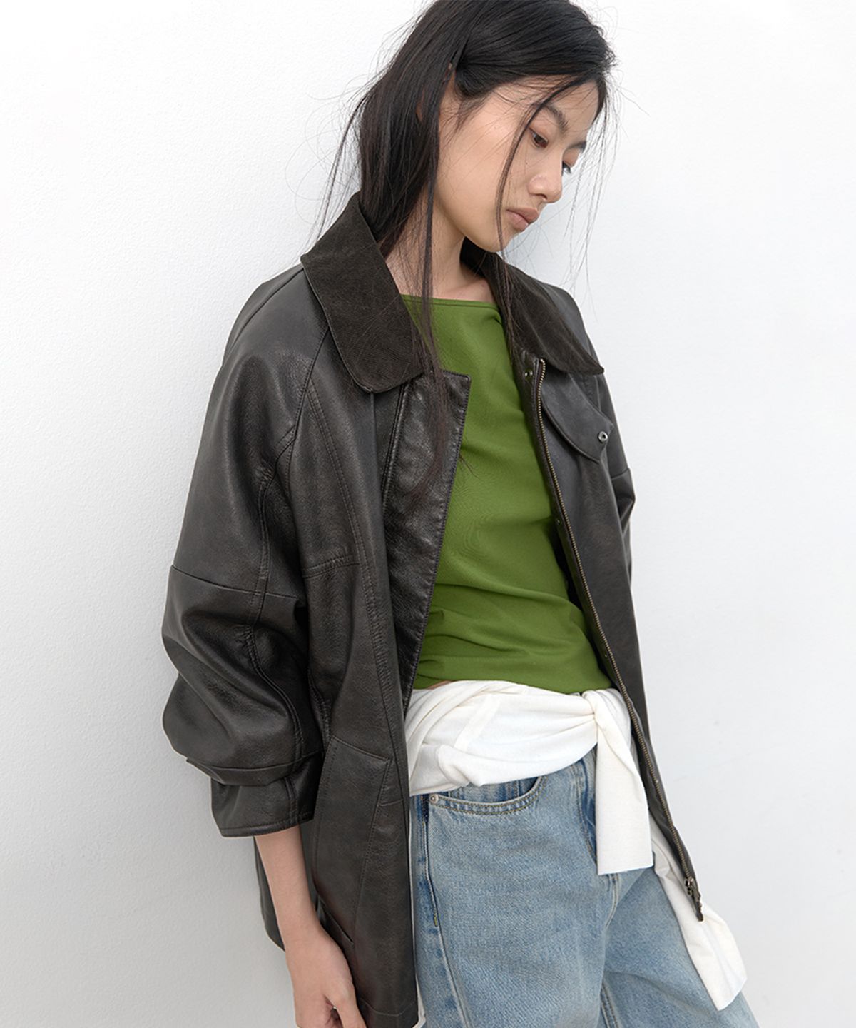 아틀리에 나인(ATELIER NAIN) (JP-612)CORDUROY COLLAR LEATHER HALF JUMPER