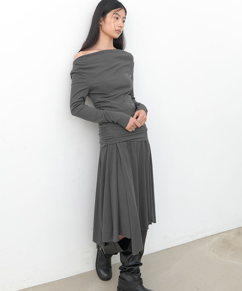 (OP-6344)COWLNECK RUCHED JERSEY DRESS
