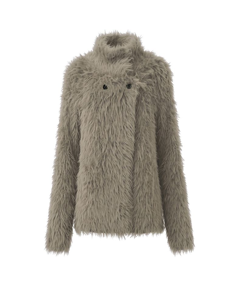 SHAGGY FUR HIGH NECK KNIT CARDIGAN-BEIGE