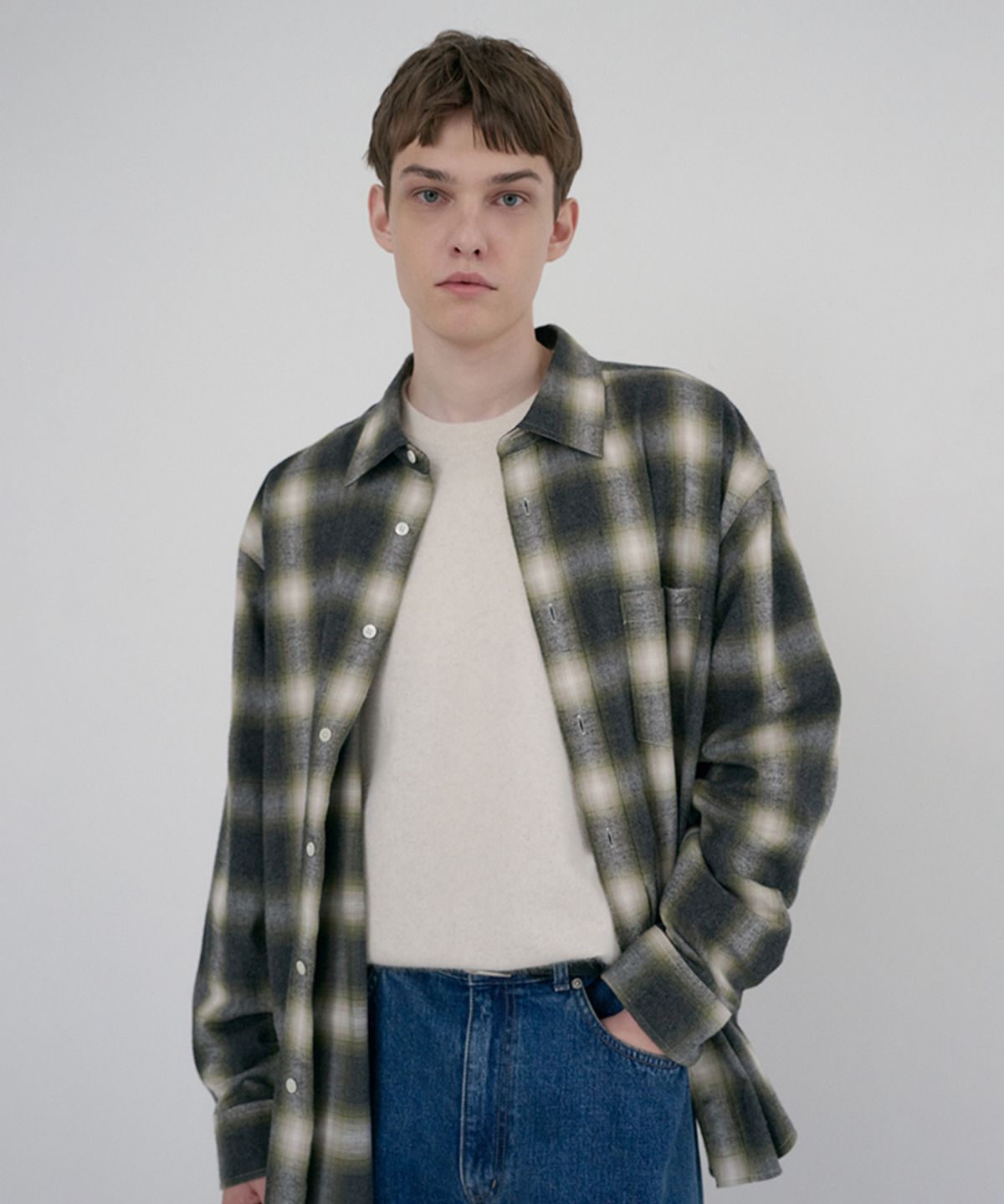 던스트 포 맨(DUNST FOR MEN) UNISEX WINTER FLANNEL CHECKED SHIRT_UDSH6D121_OLIVE GREEN