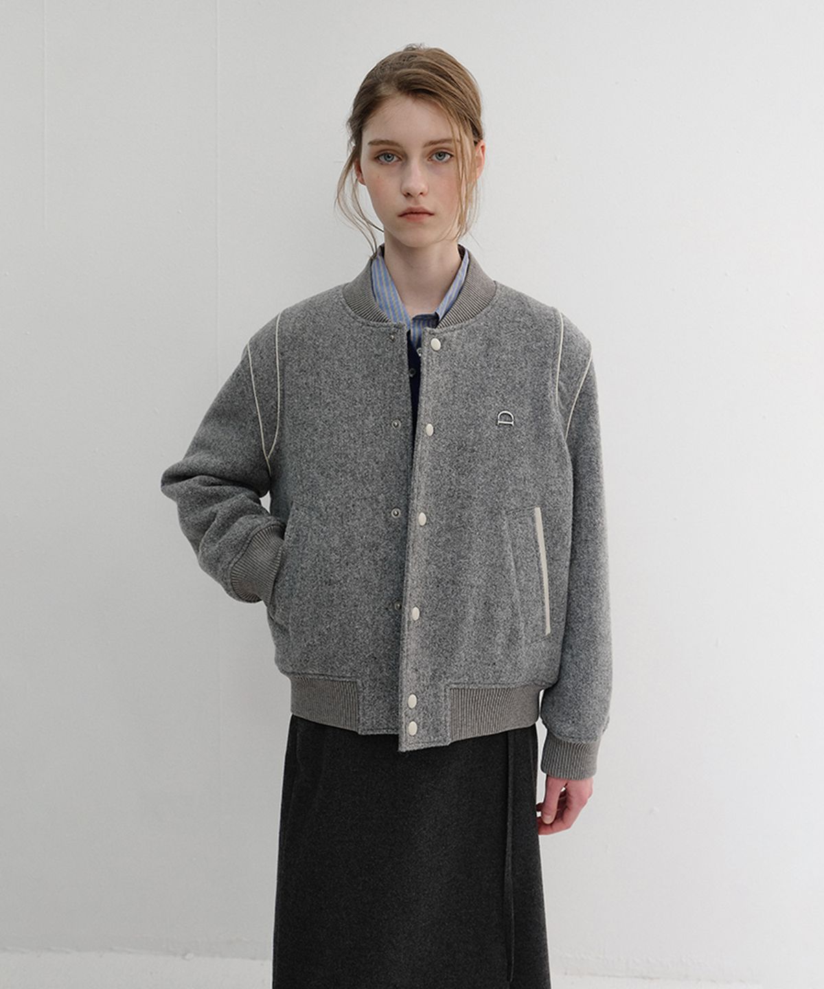 던스트(DUNST) UNISEX BOUCLE WOOL VARSITY JACKET_UDJU6D124_MELANGE GREY