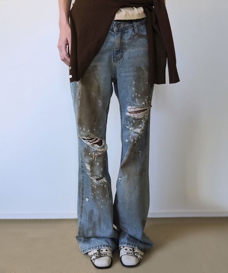 DISTRESSED HOTFIX DENIM PANTS