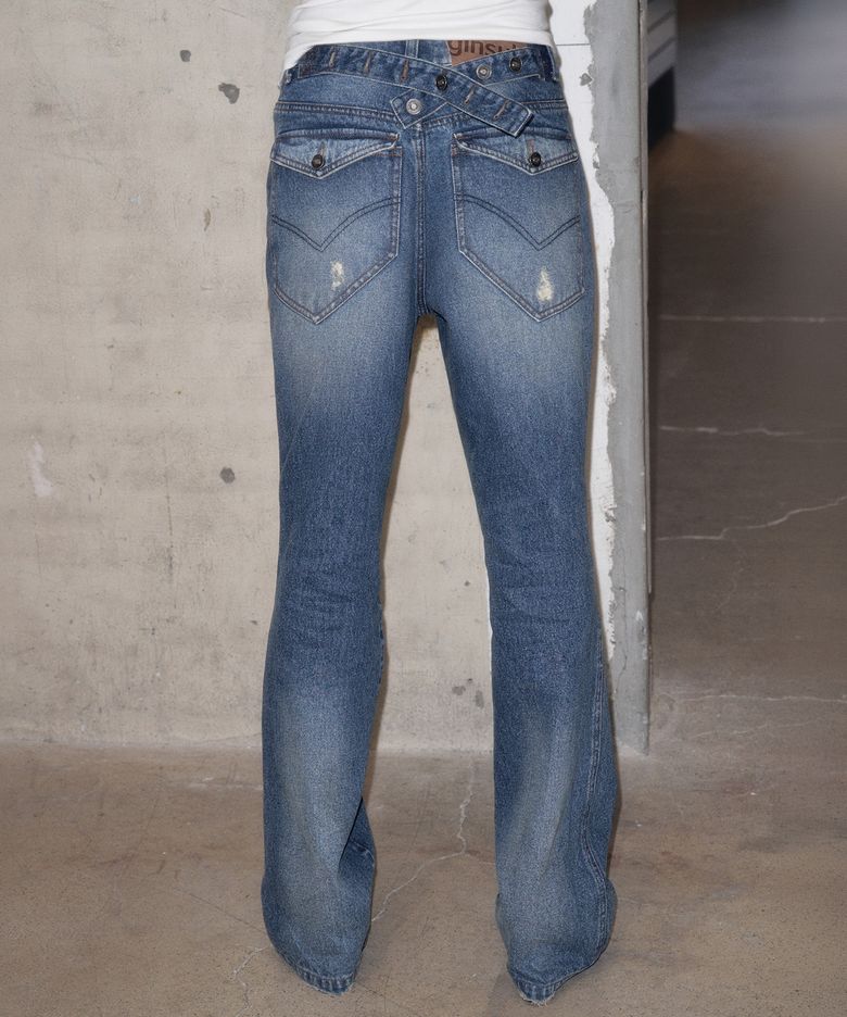 [긴스키 X 물바다]BACK STRAP WASHED FLARE DENIM PANTS (BLUE)