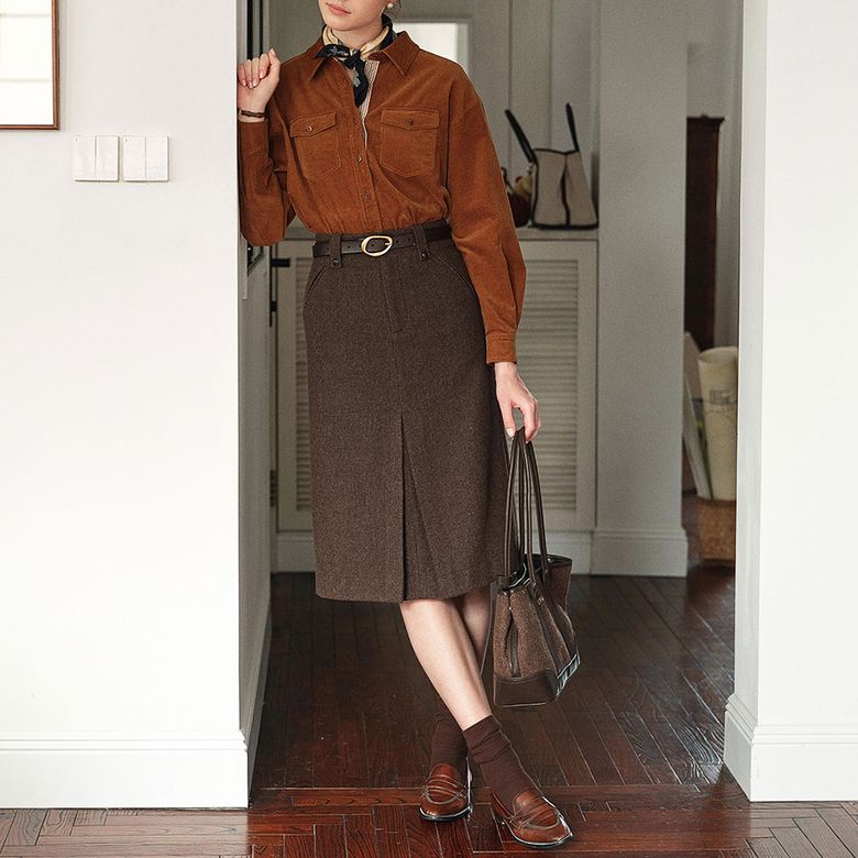 SR_Brown herringbone pleated skirt