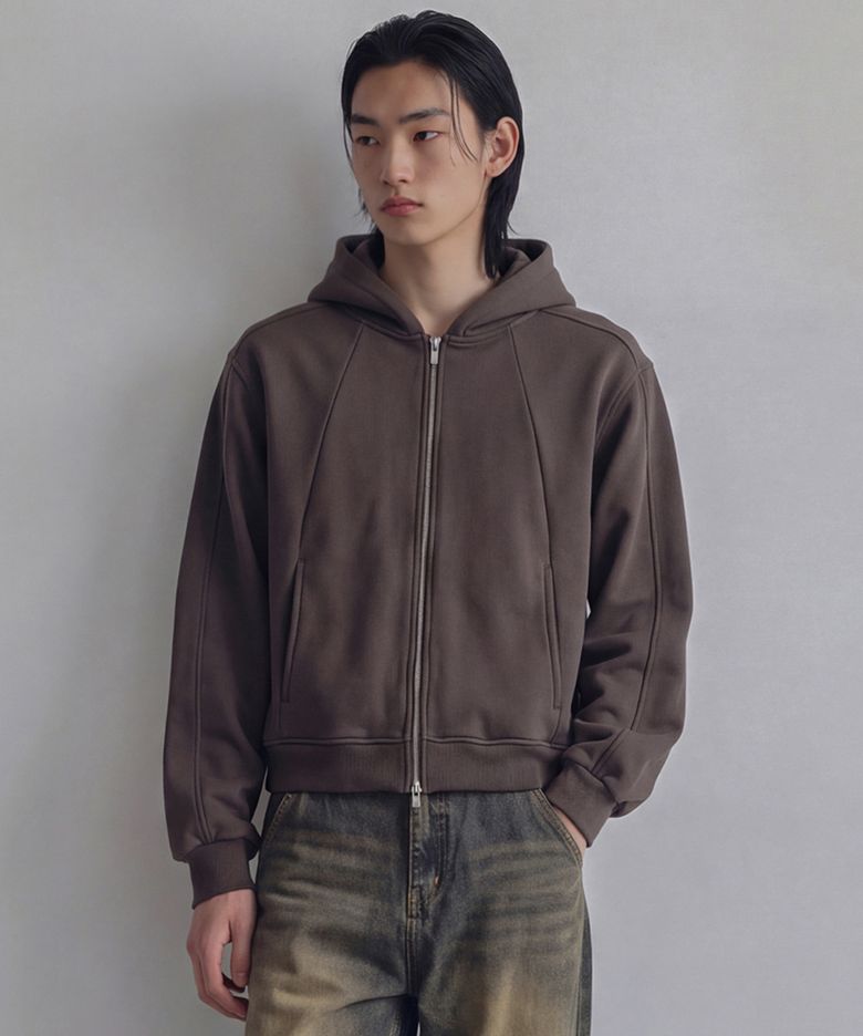 크롭 커브드 라인 후드 집업 - 브라운