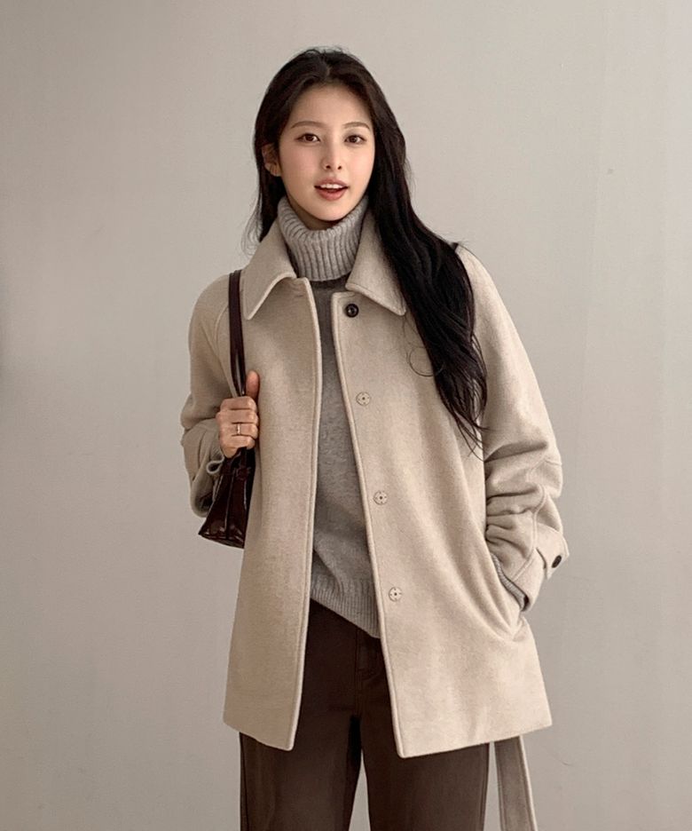 미니멀 캐시미어 블렌디드 벨티드 하프 코트 베이지 AT6COD010BI