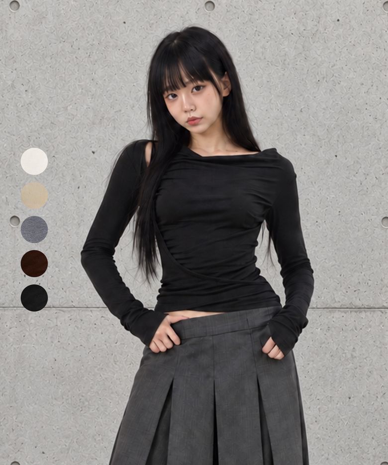 [우먼] W010 숄더 컷아웃 드레이프 긴팔 티셔츠 (5color)