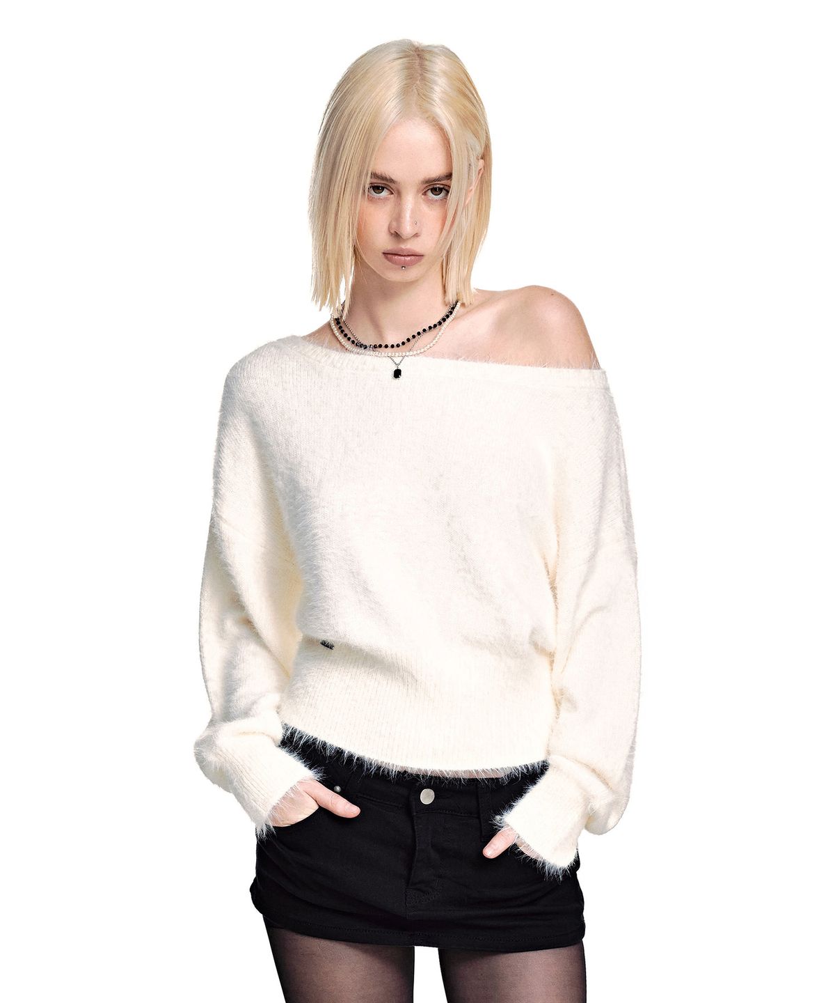 세컨모놀로그(SECONDMONO) [니들 콜라보]Hairy 2-Way Boat Neck Knit [IVORY]_SEWKT012IVORY