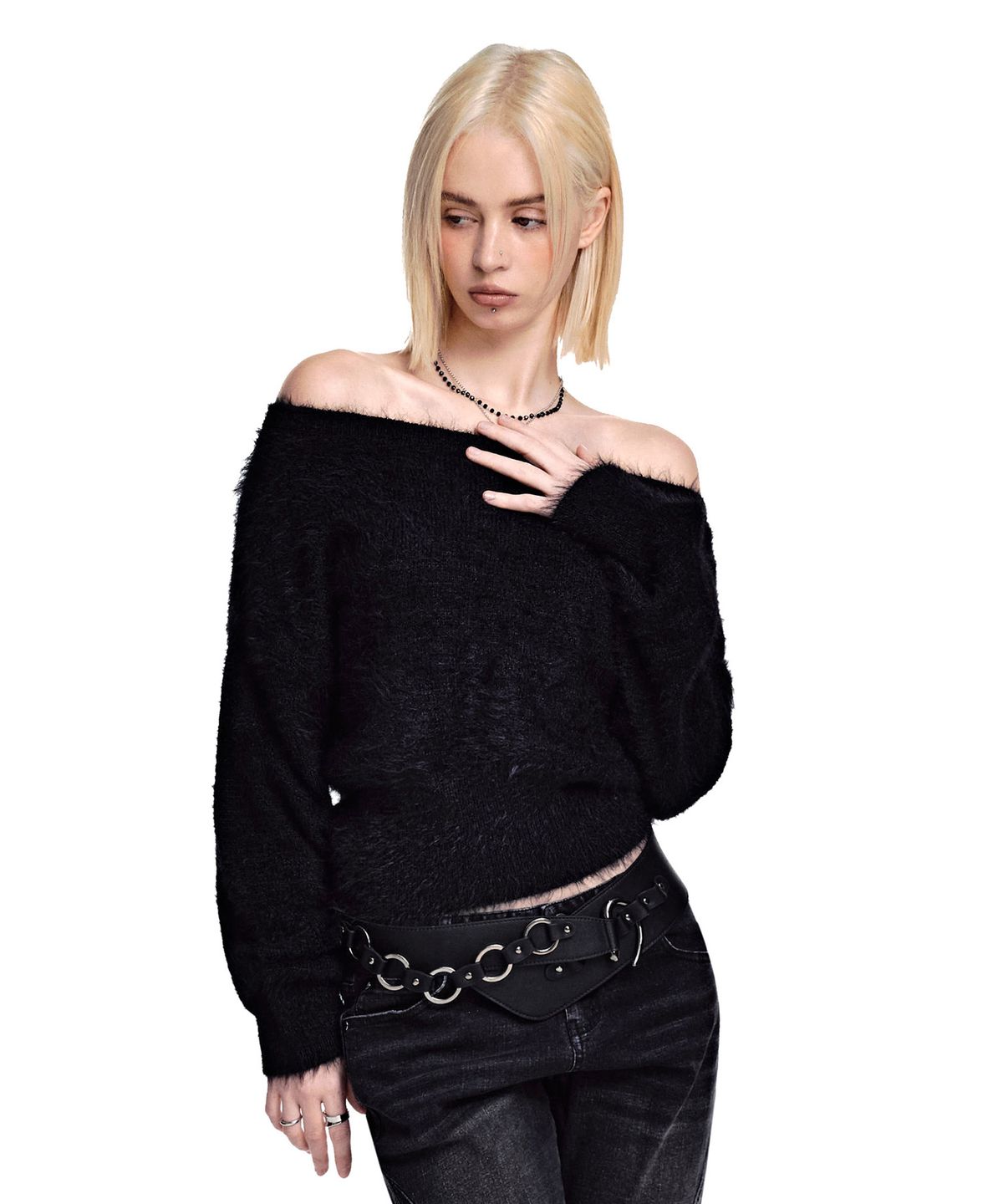 세컨모놀로그(SECONDMONO) [니들 콜라보]Hairy 2-Way Boat Neck Knit [BLACK]_SEWKT012BLACK
