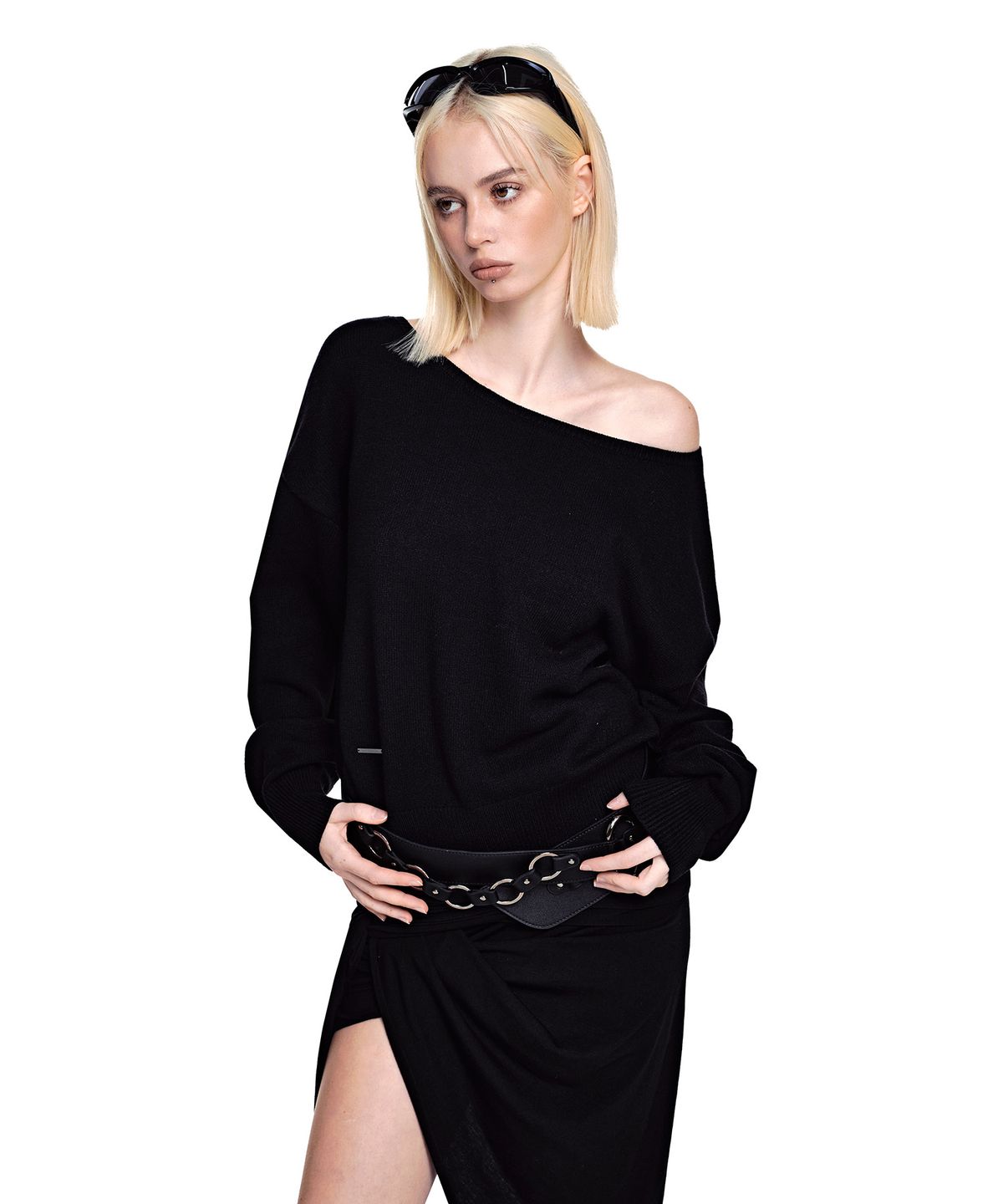 세컨모놀로그(SECONDMONO) [니들 콜라보]2-Way Boat Neck Knit [BLACK]_SEWKT017BLACK