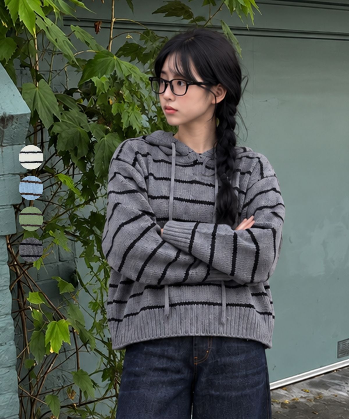 스탠다드에러(STANDARDERROR) [우먼] W013 스트라이프 버튼 후드 니트 (4color)