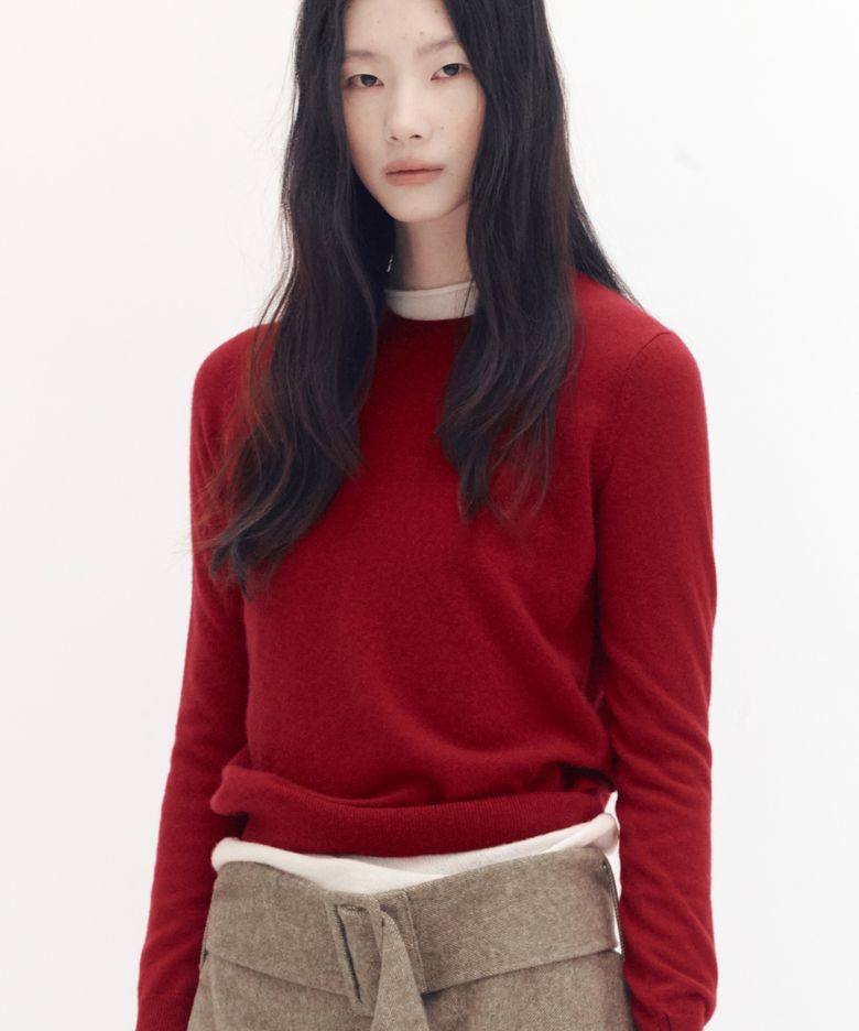 [100 cashmere] 에센셜 크루넥 캐시미어 니트_딥레드