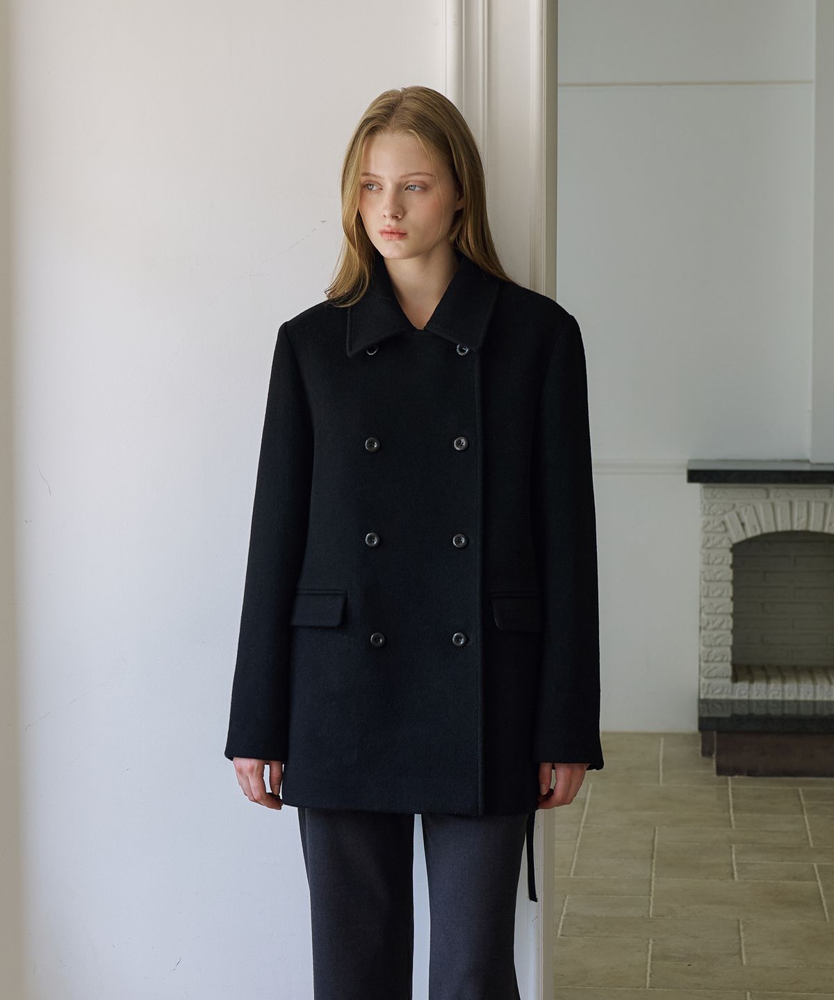드헤베(DEHEVE) Essential Wool Double Half Coat [Black]