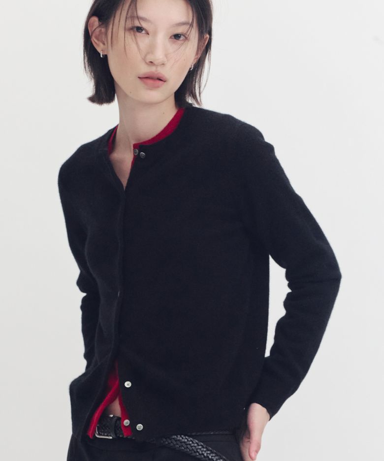 [100 cashmere] 에센셜 크루넥 캐시미어 가디건_블랙