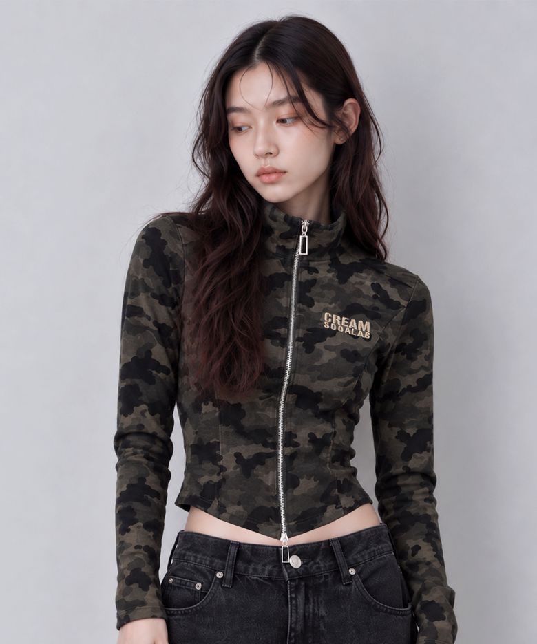 카모 자수 하프 절개 투웨이 집업 카키