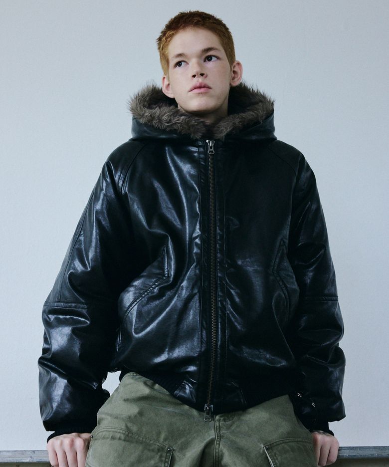 FUR-TRIMMED HOODED HEAVY JUMPER BLACK
