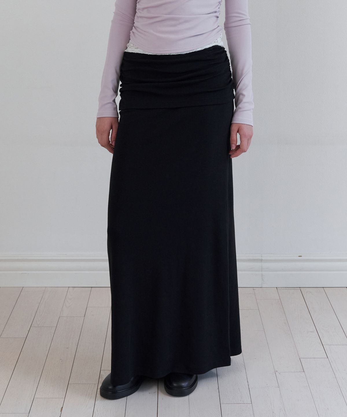 톤드(TONED) Waist shirring jersey long skirt (black)
