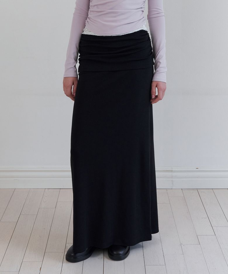 Waist shirring jersey long skirt (black)