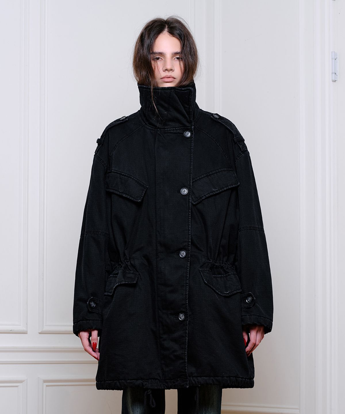 에르에르(ERER) Highneck Asymmetric M-65 Parka Black