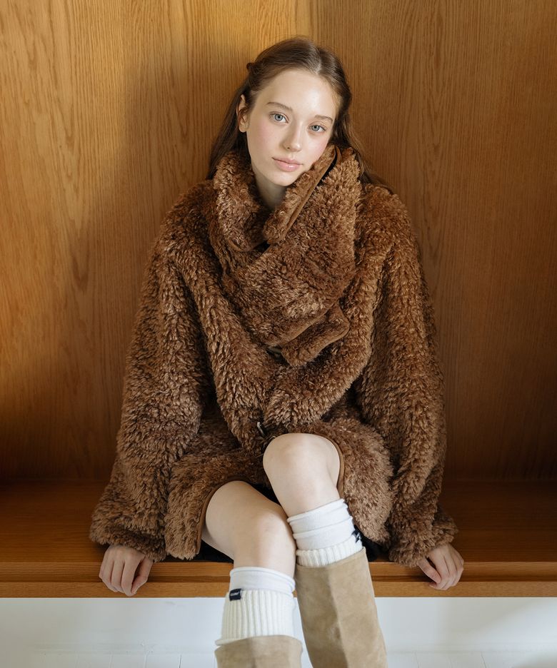 [SET] Muffler + Fur Half Coat - Brown