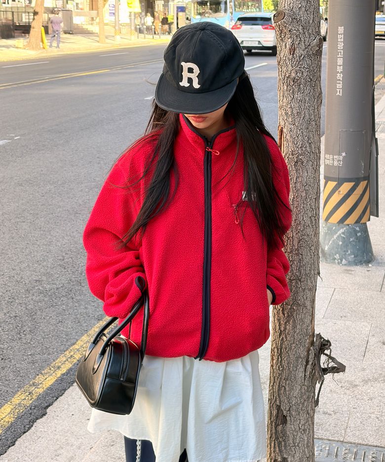 폴딩밴드 배색 핑거홀 집업 플리스 [RED] / GF3UJK007