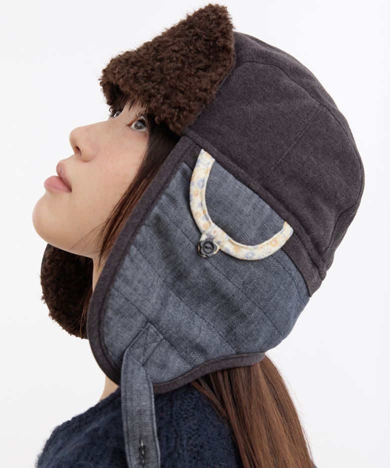 FLORAL POCKET TRAPPER HAT, CHARCOAL