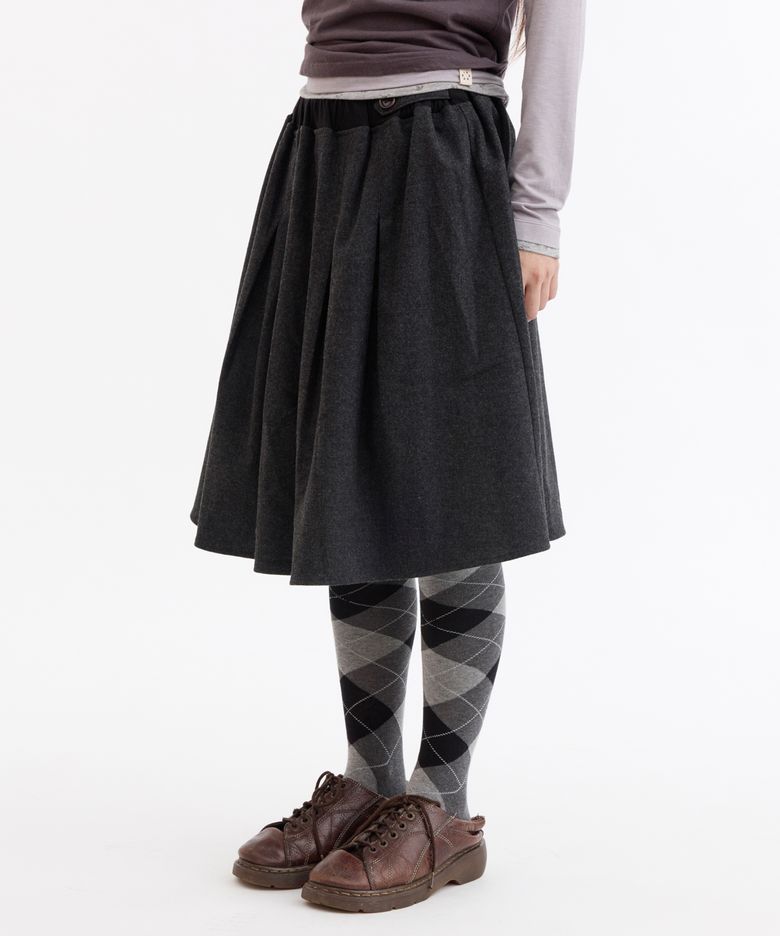 GATHERED BUTTON MIDI SKIRT, CHARCOAL