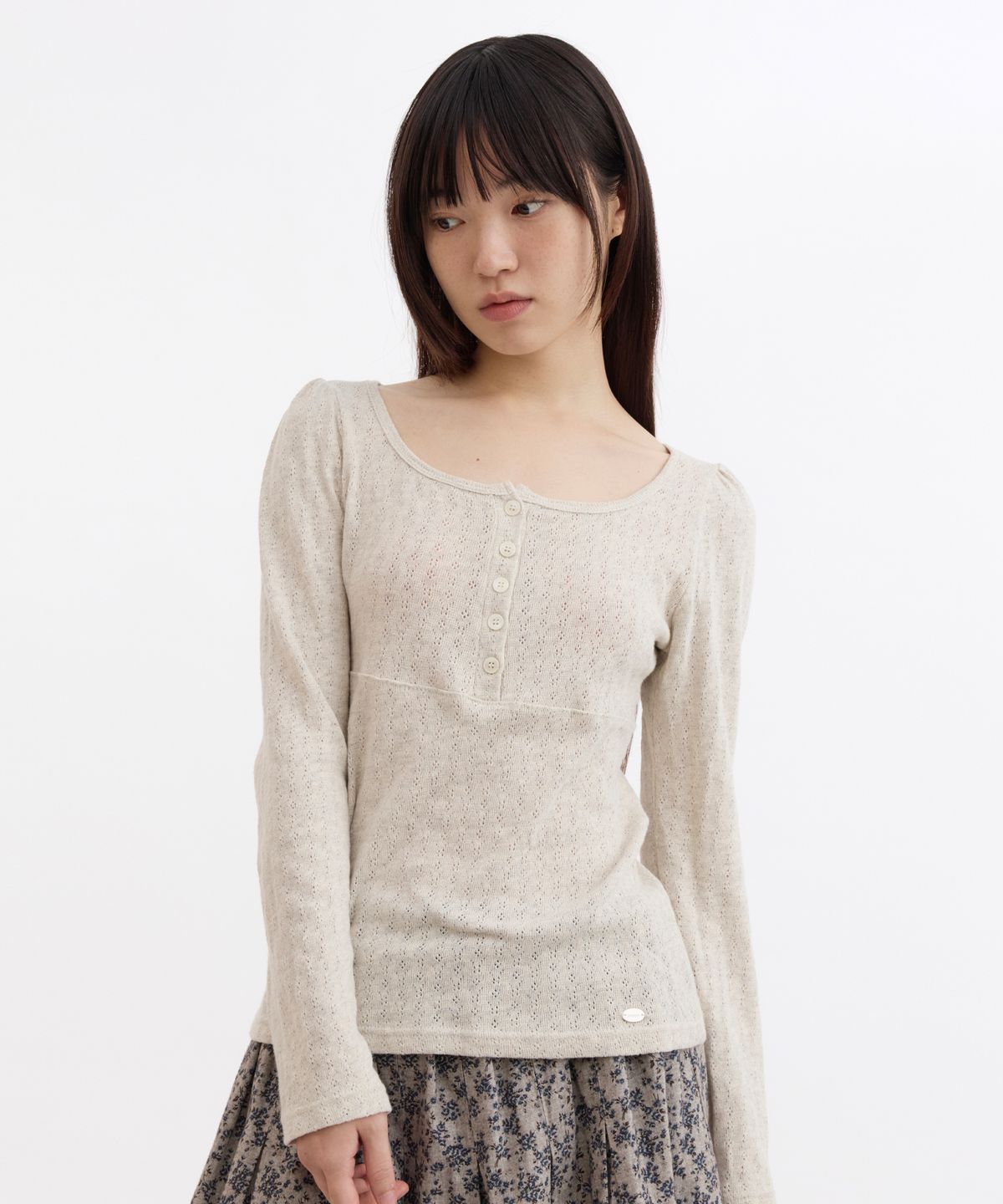 오헤시오(OHESHIO) PUNCHING SQUARE BUTTON KNIT LONG SLEEVE, OATMEAL