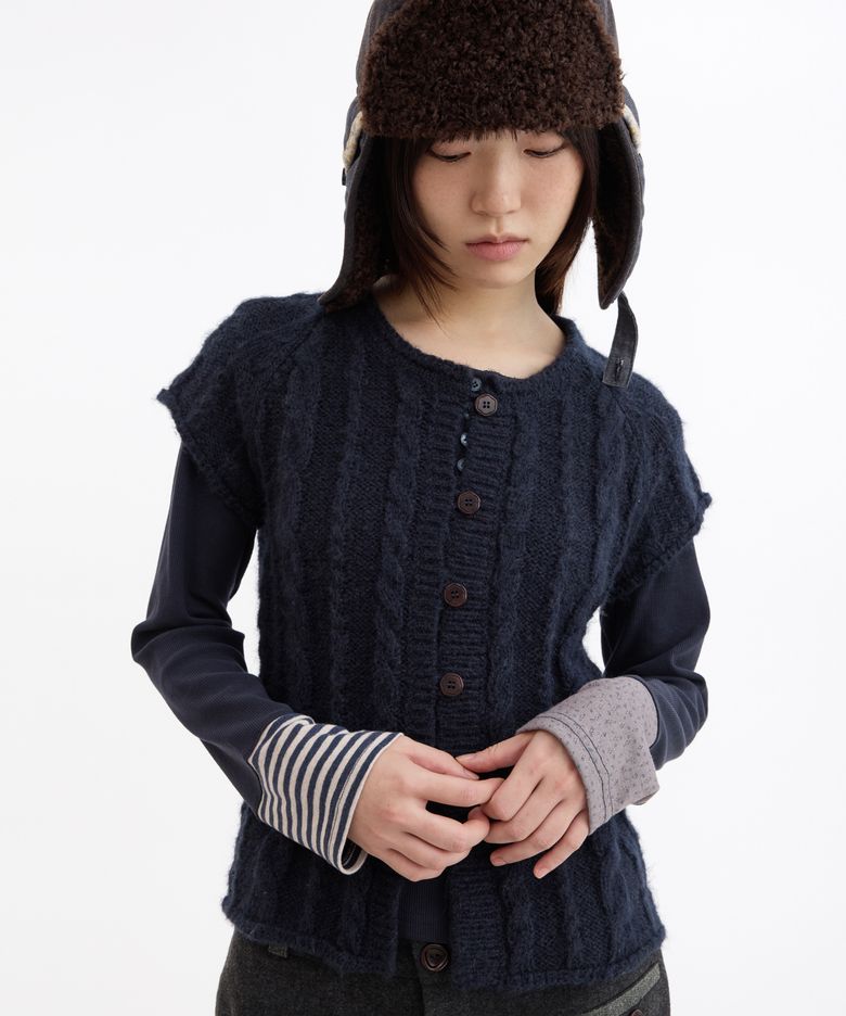 BUTTON SHORT SLEEVE KNIT VEST, NAVY