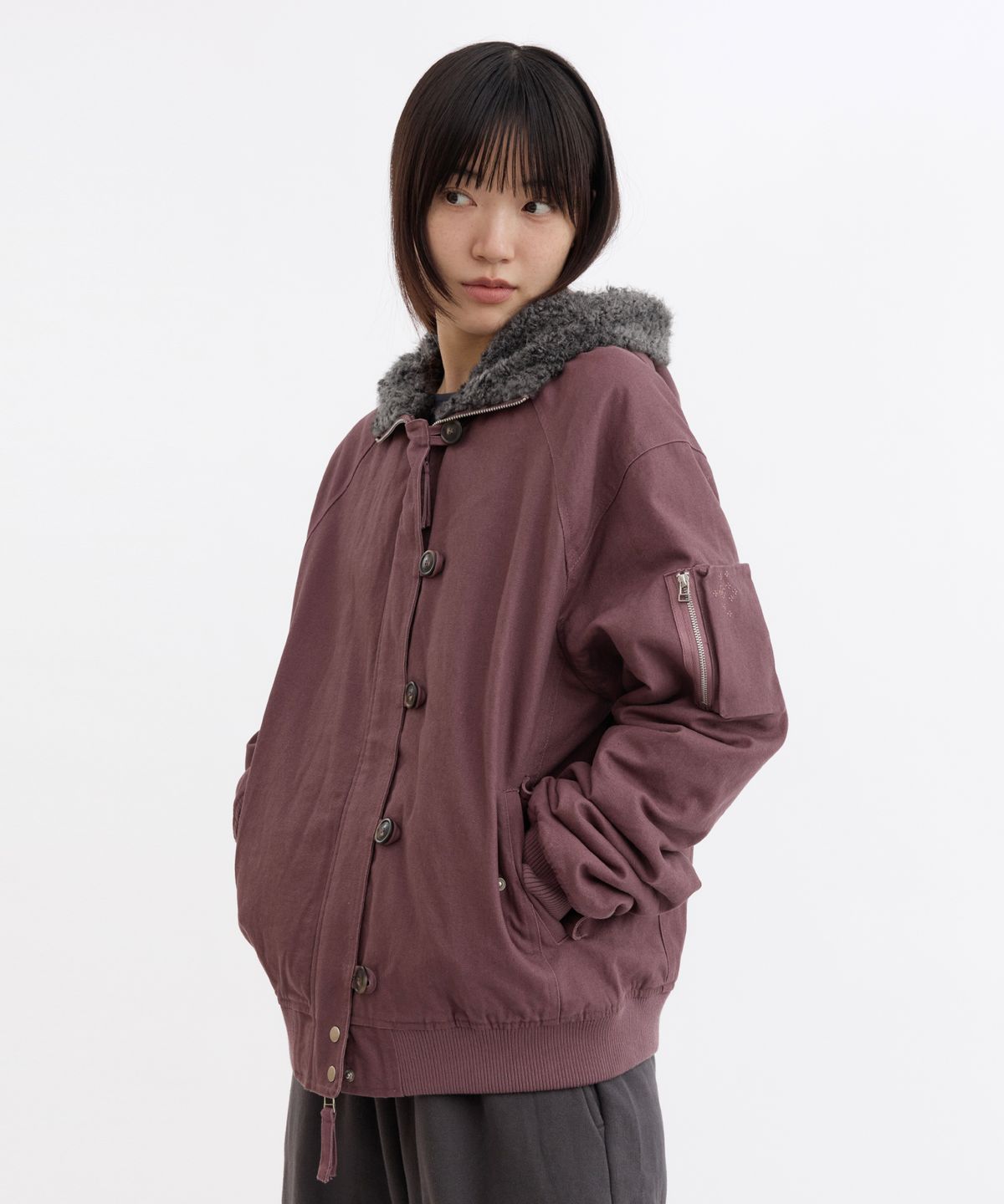 오헤시오(OHESHIO) BUTTON HOODED BOMBER JACKET, PURPLE
