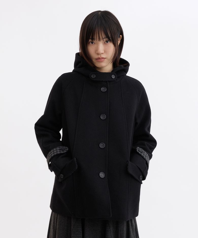 CHECK LINING HOODED HALF COAT, BLACK