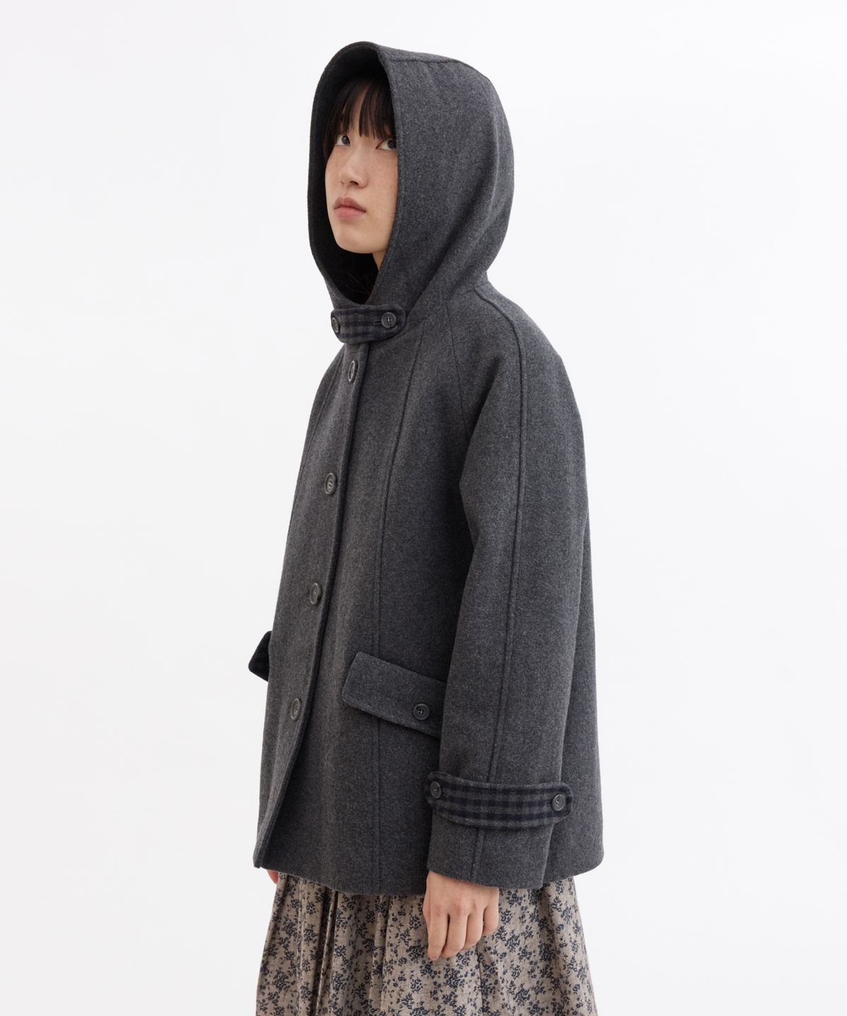 오헤시오(OHESHIO) CHECK LINING HOODED HALF COAT, CHARCOAL