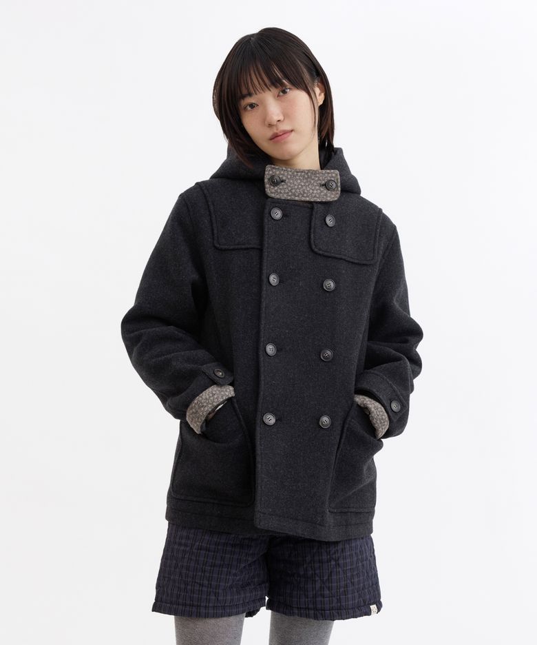 HOODED DUFFLE WOOL COAT, CHARCOAL