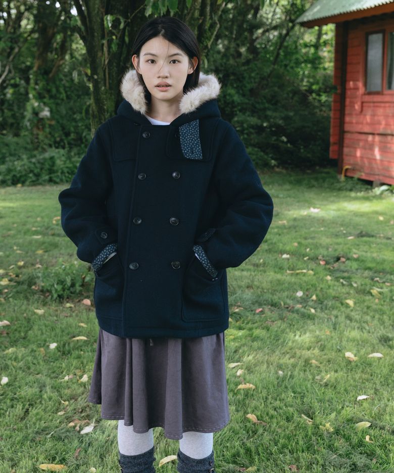 HOODED DUFFLE WOOL COAT, NAVY