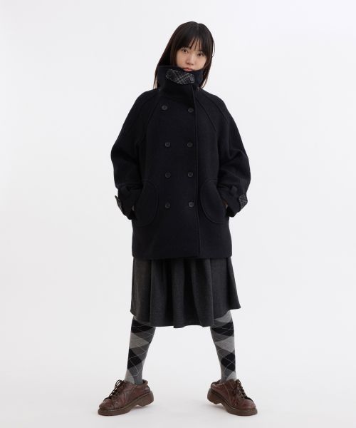 오헤시오(OHESHIO) CHECK LAYERED COLLAR DOUBLE WOOL COAT, BLACK
