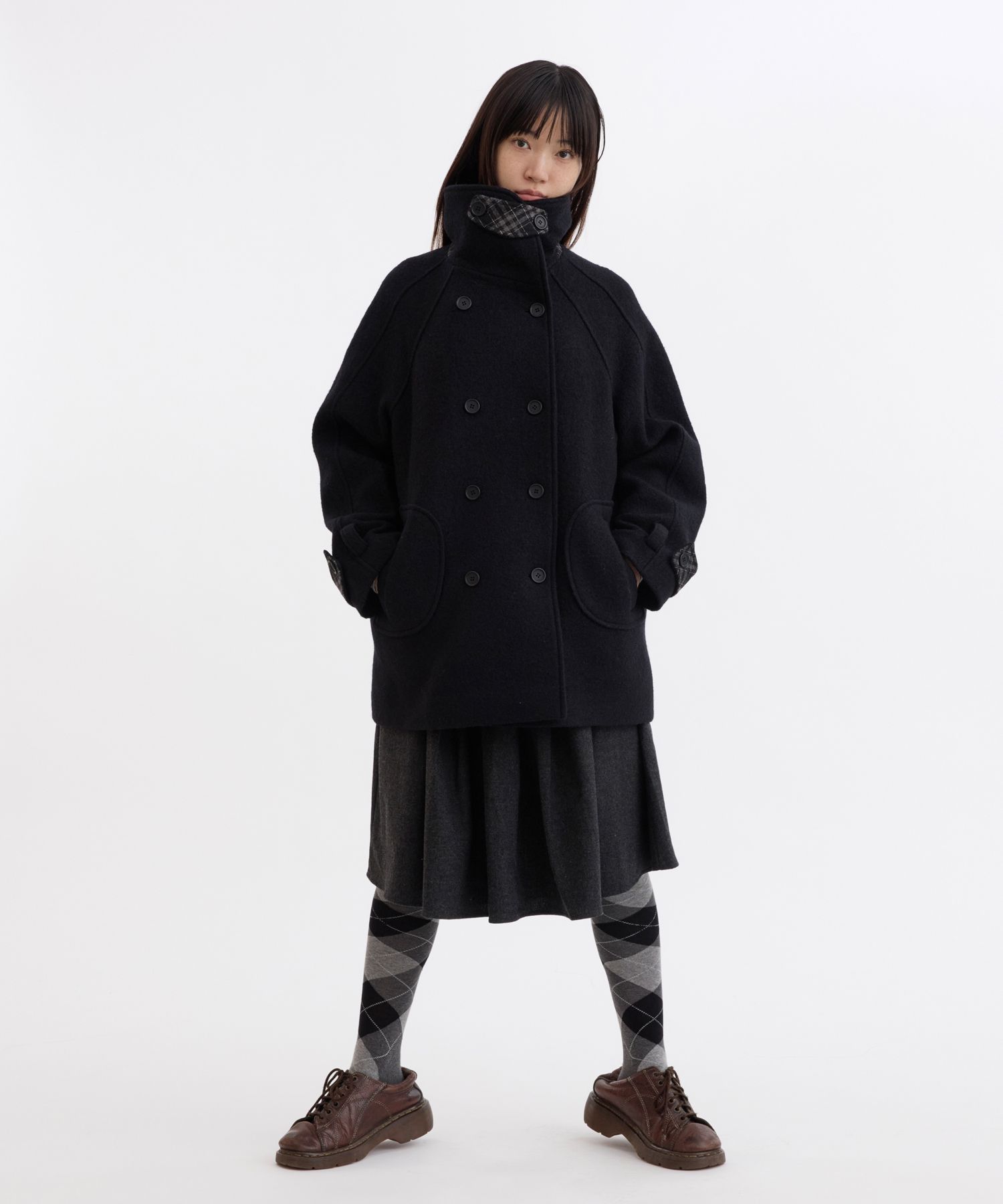 오헤시오(OHESHIO) CHECK LAYERED COLLAR DOUBLE WOOL COAT, BLACK
