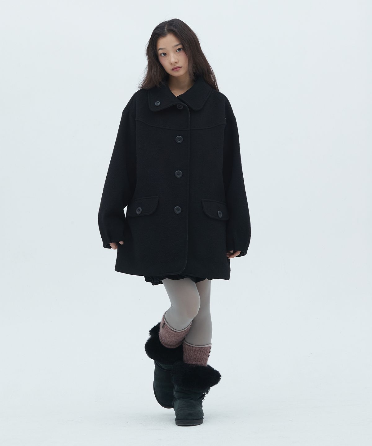 썬릿(SUNLIT) 레이어드 카라 하프 코트 (Black)