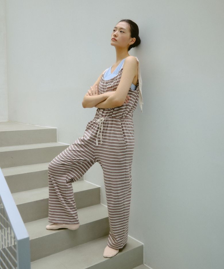 Momo Stripe Full Romper _ Beige