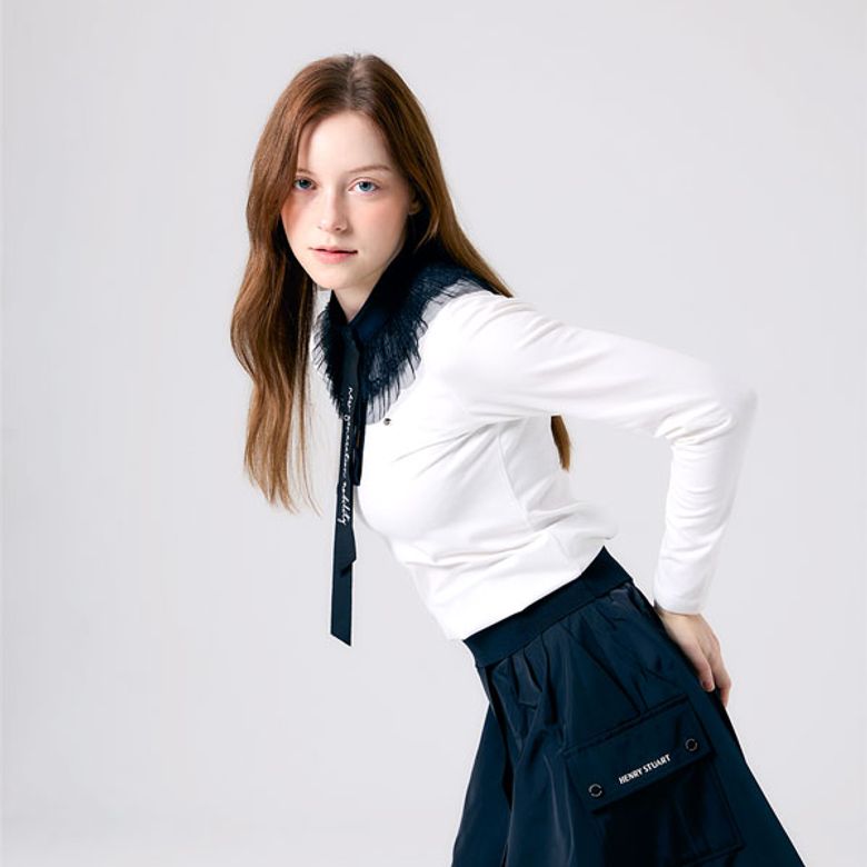 여성용 튜튜 프릴 리본 카라 긴팔 티셔츠 화이트