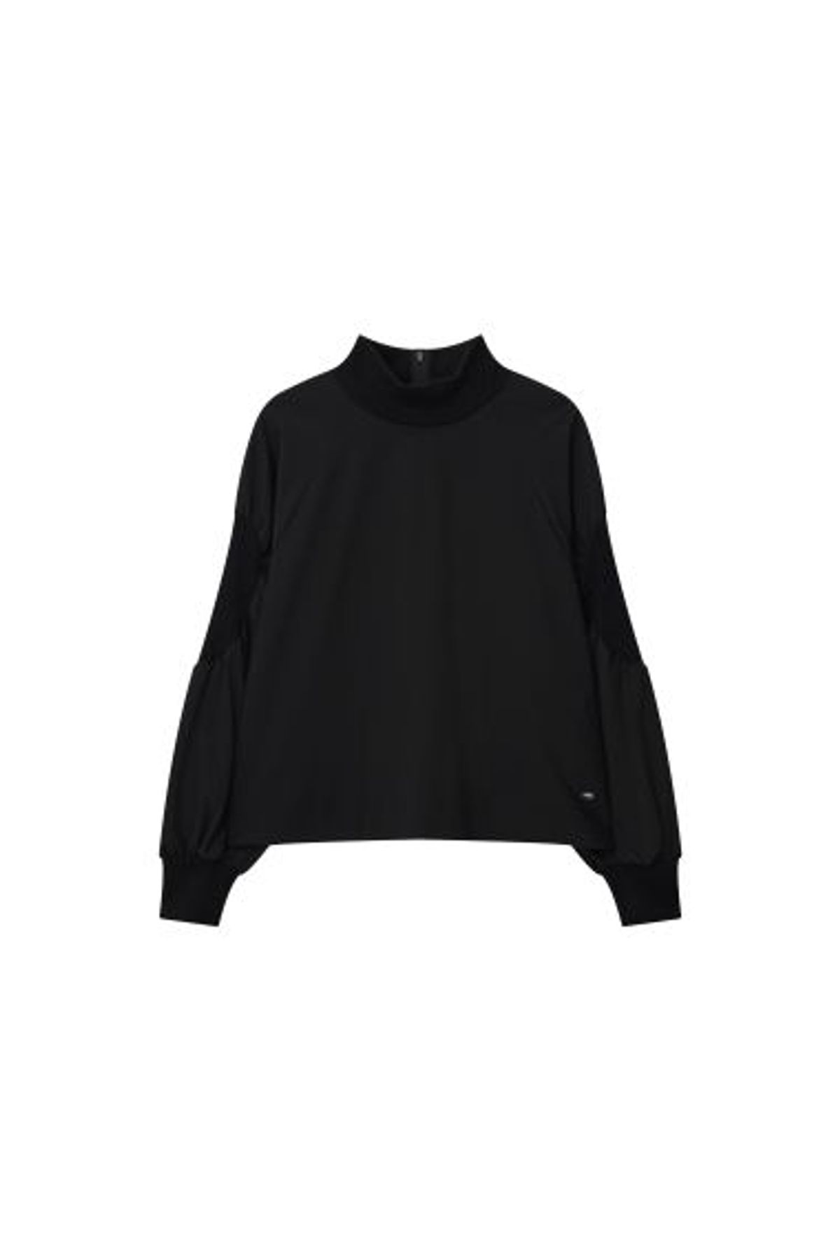 데바스테(DEVASTEE) 배색 립 니트 모크넥 벌룬 소매 탑 (EFFDVTP10BLK)