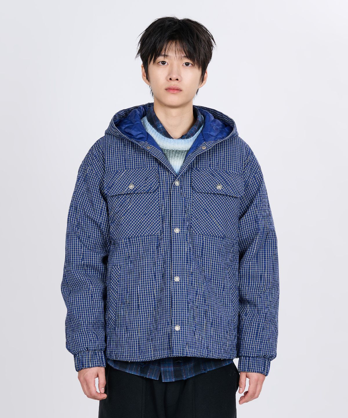 논타입(NONTYPE) PLEATED PLAID HOODED JACKET (BLUE)