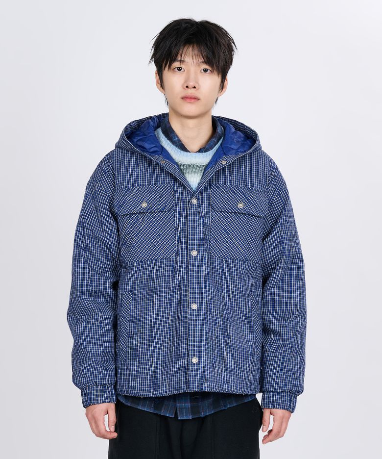 PLEATED PLAID HOODED JACKET (BLUE)