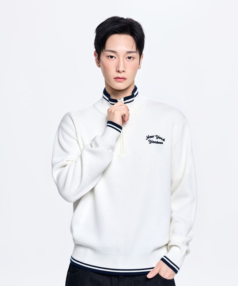 베이직 스몰 레터링 반집업 스웨터 풀오버 NY (Cream)