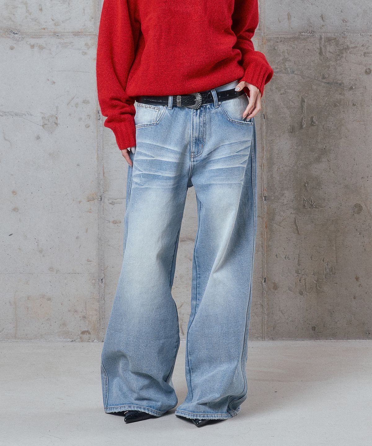 디오스피스(DAUSPICE) (DUC) Heel Drag Wide Jeans Light Blue