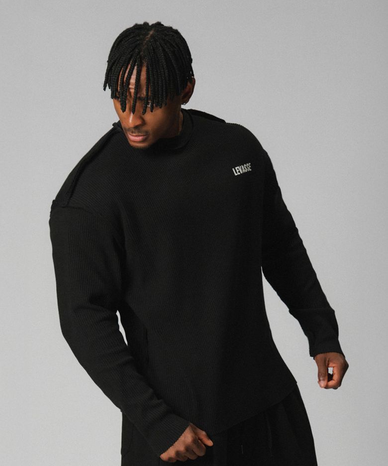 Oversized Inside Out  Waffle Long Sleeve_Black