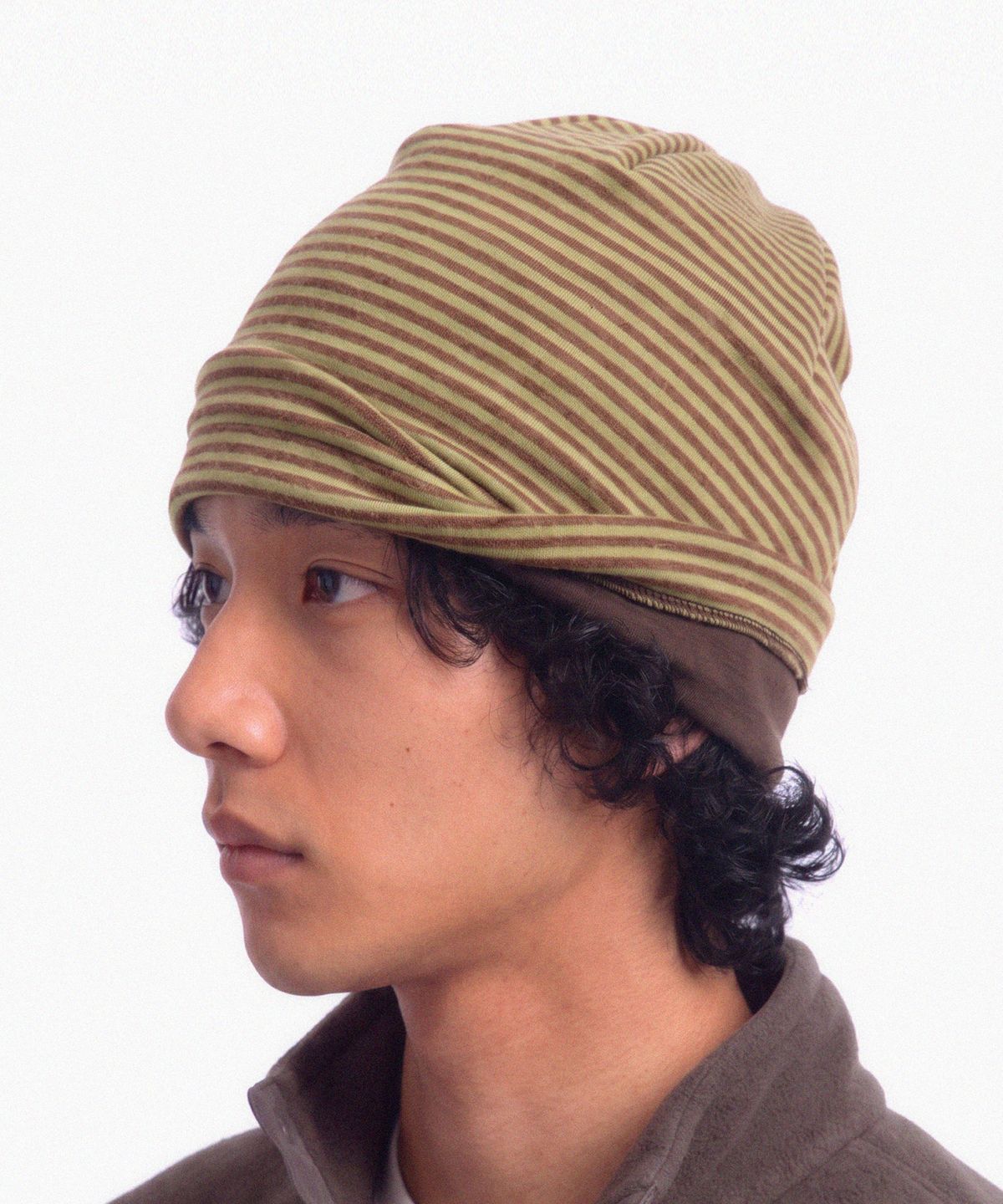 언더컨트롤(UNDERCONTROL) 플리스 겨울 스트라이프 투톤 니트 두겹 비니 TENCEL MIX LONG WINTER HAT / DUAL COLOR / OLIVE BROWN