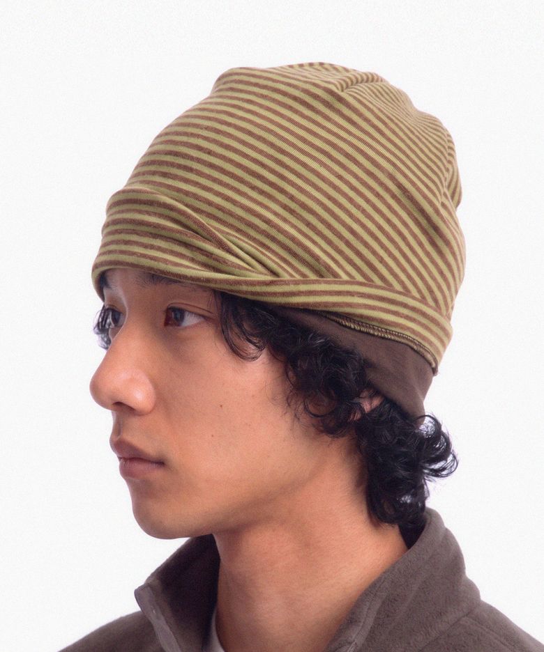 플리스 겨울 스트라이프 투톤 니트 두겹 비니 TENCEL MIX LONG WINTER HAT / DUAL COLOR / OLIVE BROWN