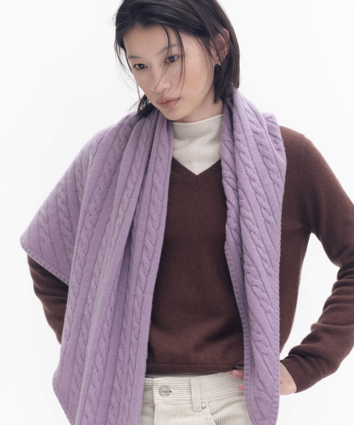 주느세콰(JE NE SAIS QUOI) [10 cashmere] 케이블 캐시미어 삼각숄 머플러_퍼플애쉬