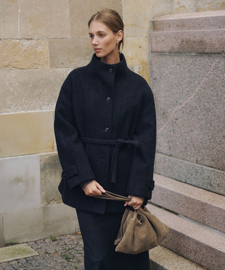 Alpaca Panel High-Neck Half Coat[LMBFWICT716]-Onyx Charcoal