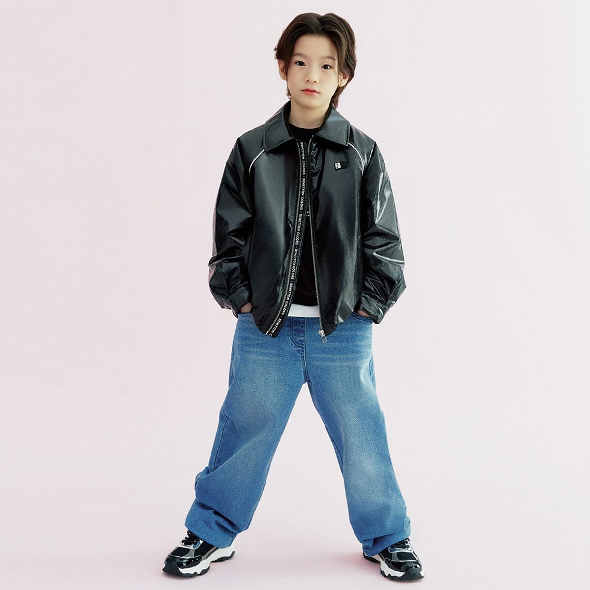 베네통키즈(BENETTONKIDS) 힙스터 레더집업 경량패딩_QAPD04641BK